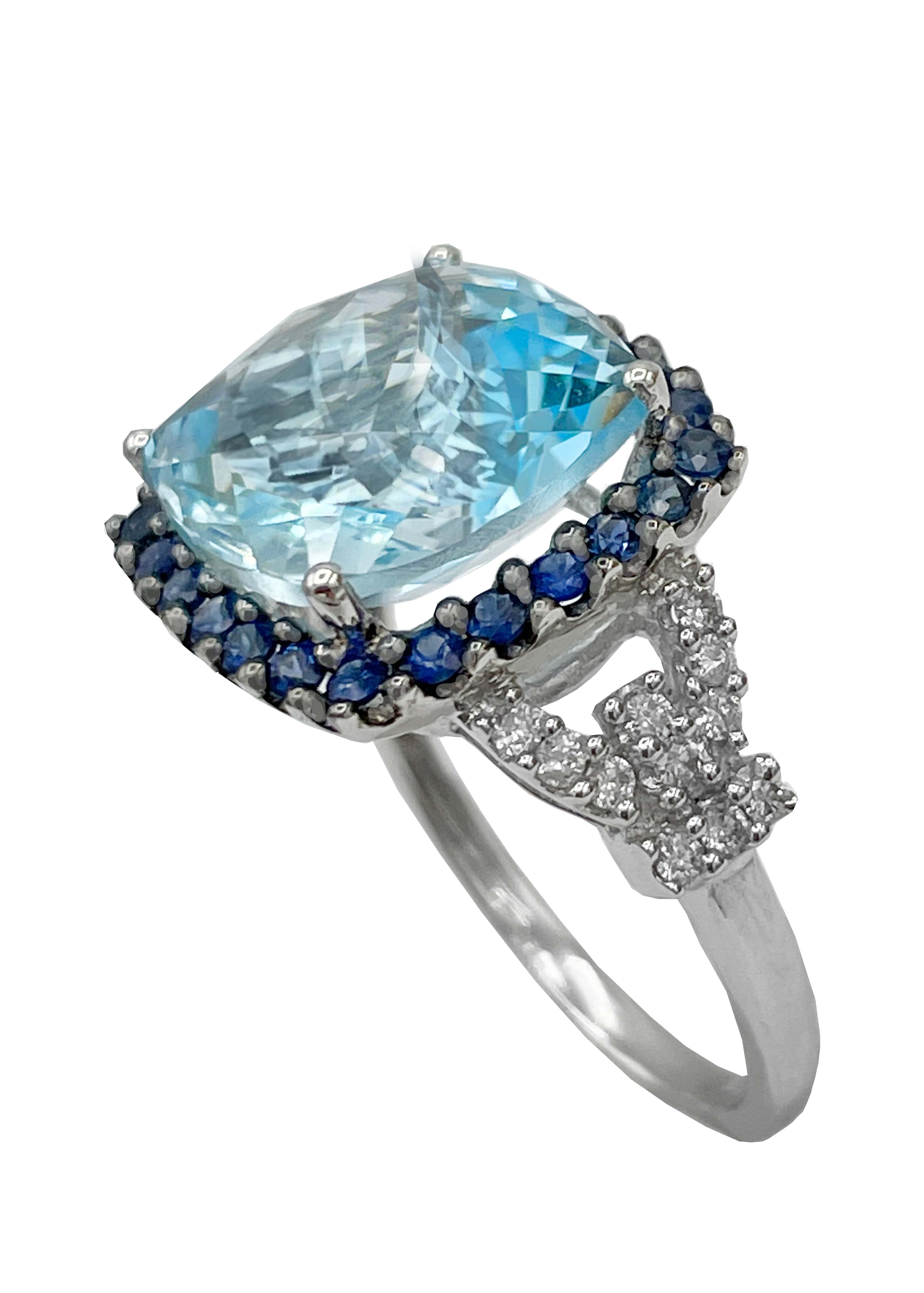 18k White Gold Square Blue Topaz, Diamonds and Sapphires Ring Image