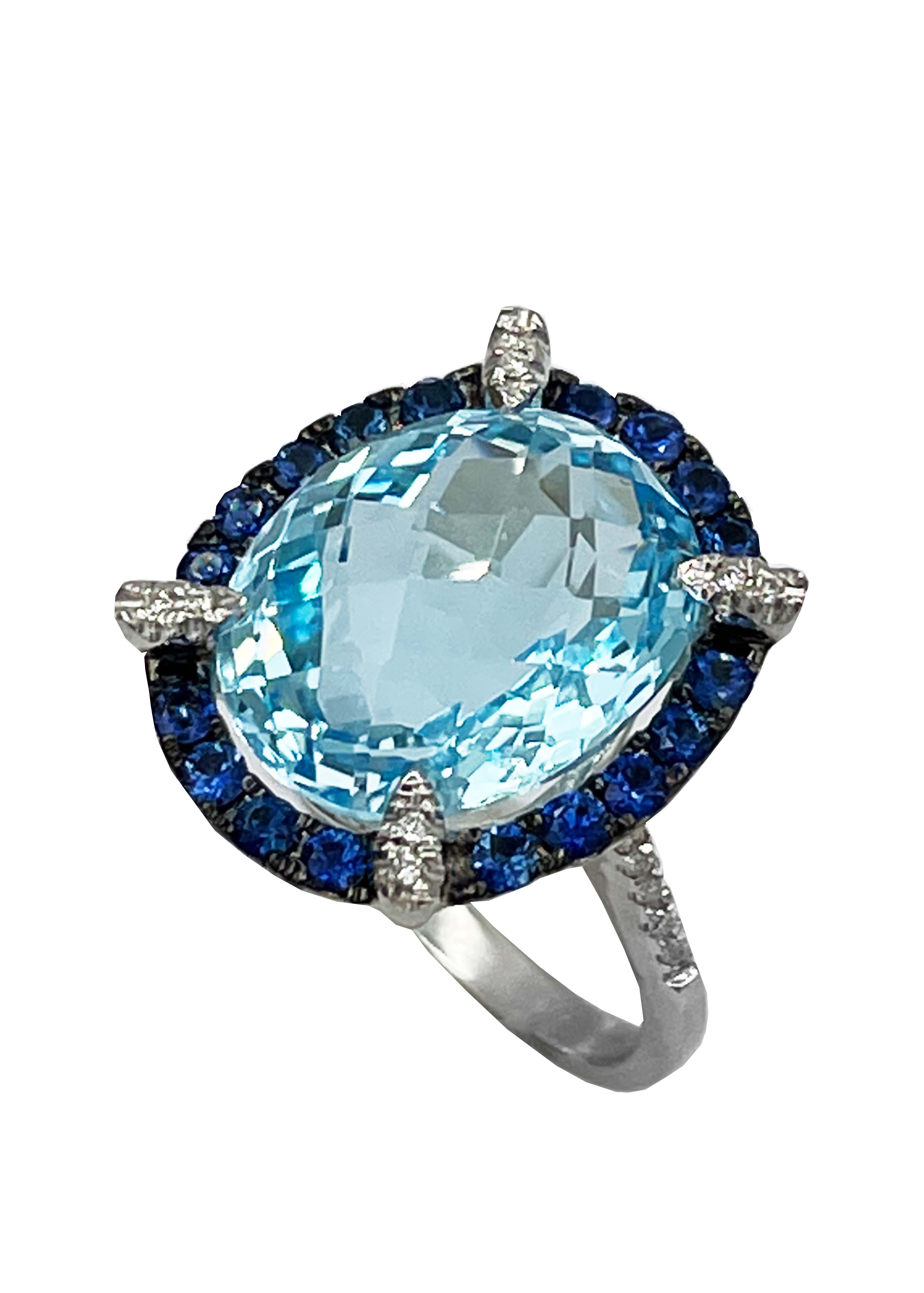 18k White Gold Oval Blue Topaz, Diamond and Sapphire Ring Image