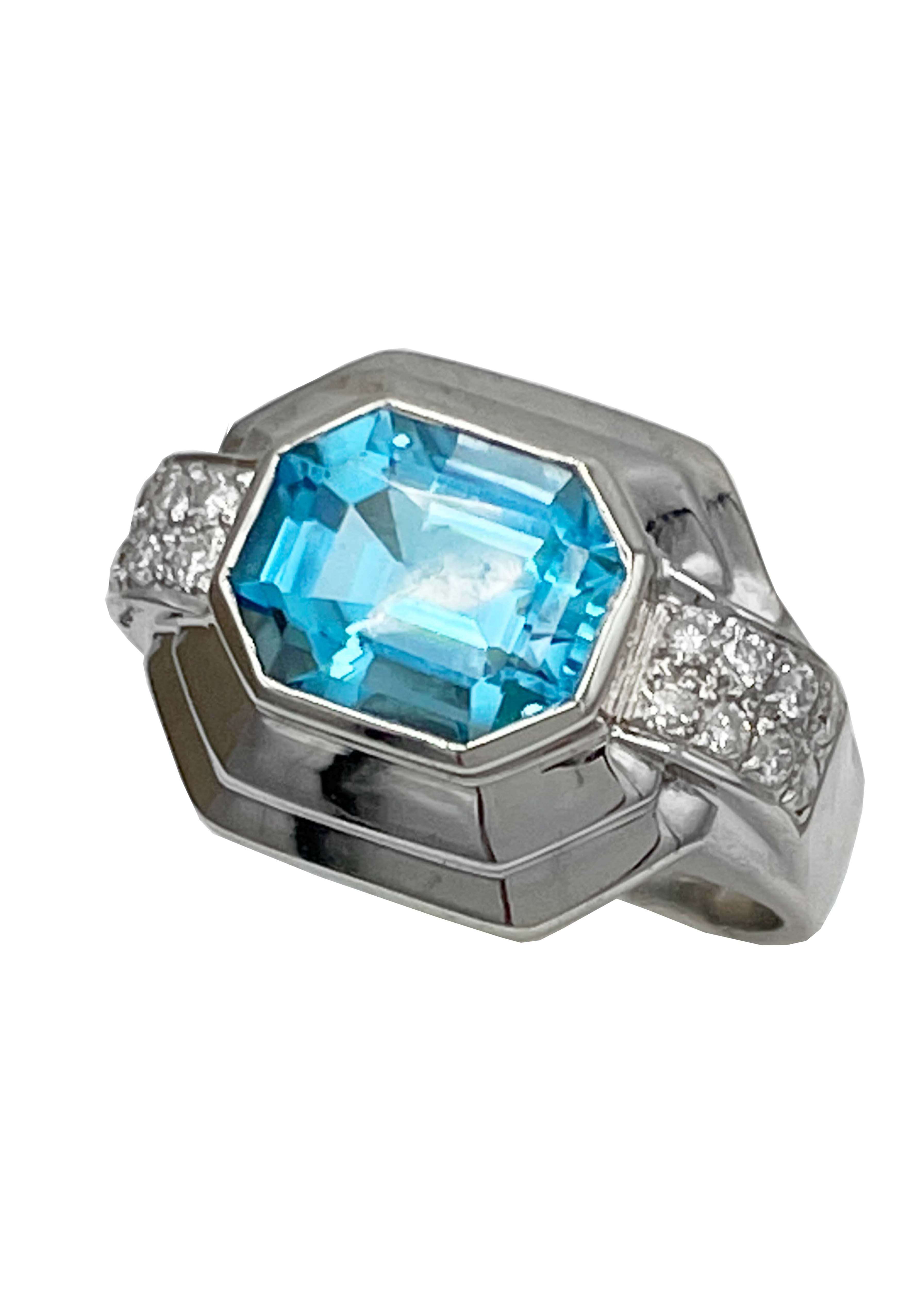 18k White Gold Art Deco Blue Topaz and Diamond Ring Image