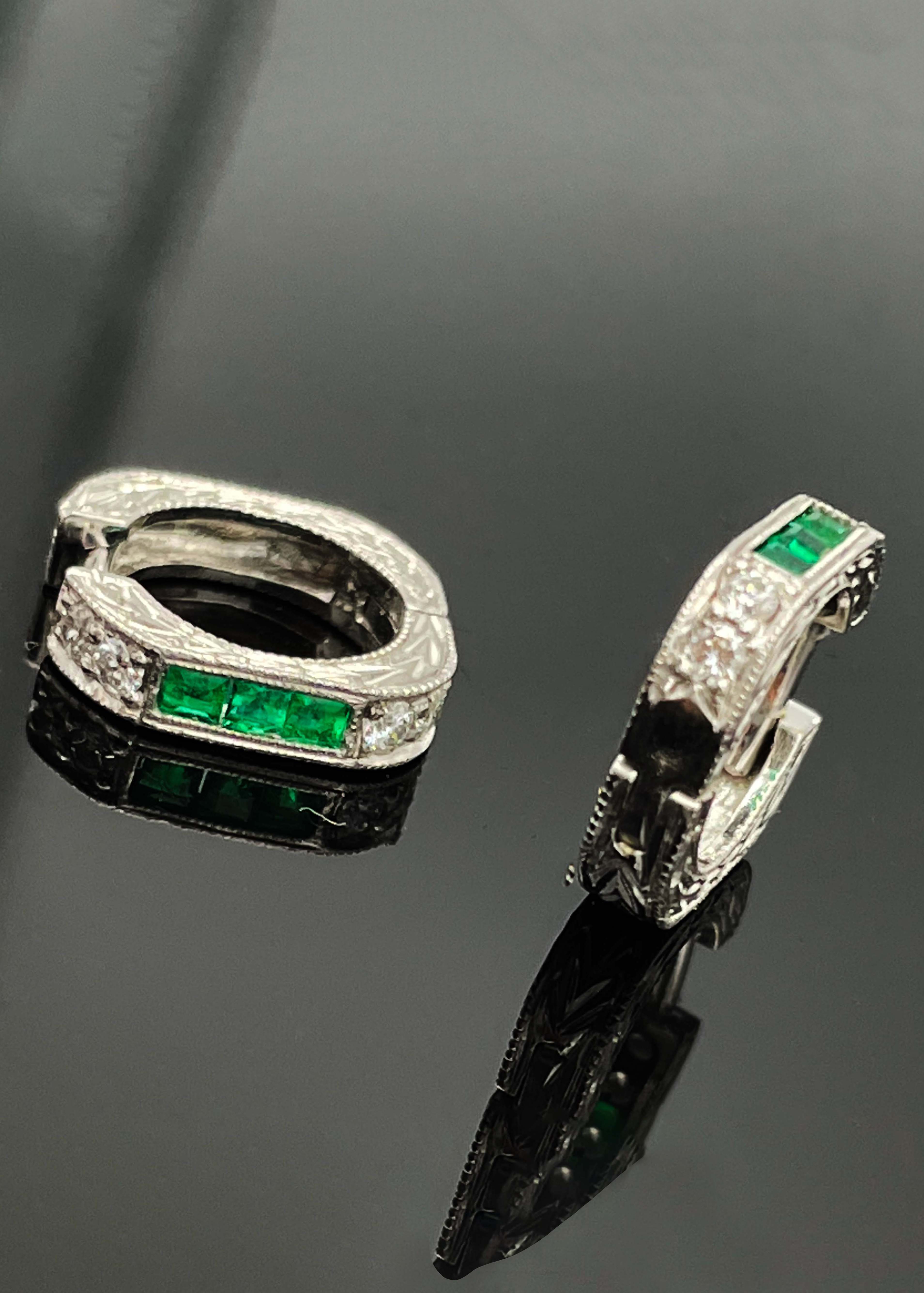 Platinum Emerald and Diamond Huggie Earrings Image