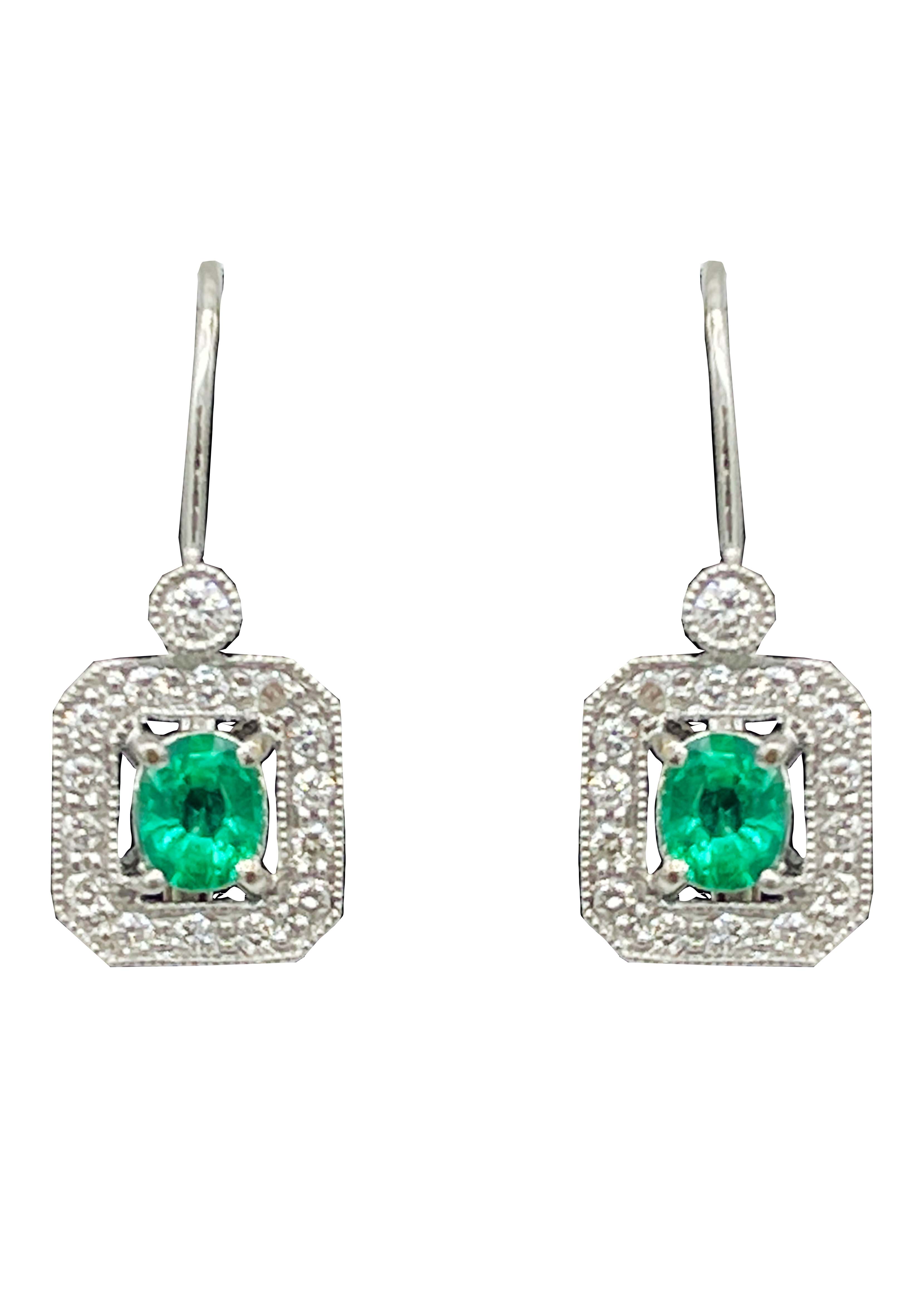 18k White Gold Emerald and Diamond Leverback Earrings Image