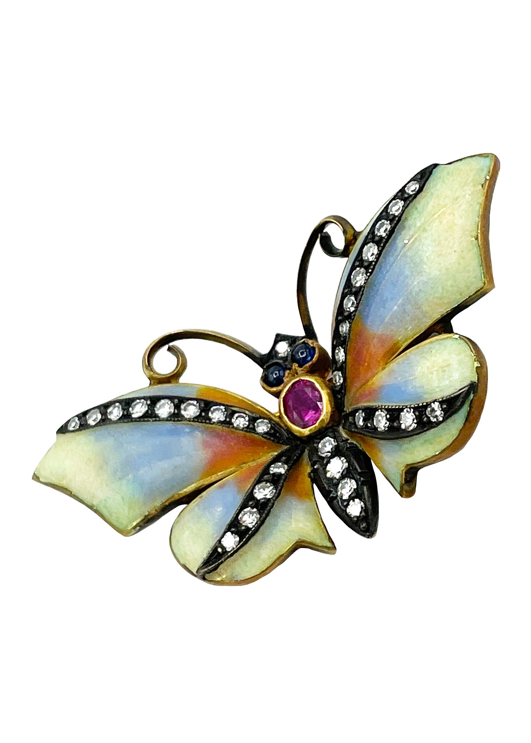 18k Yellow Gold Enamel Butterfly Pin with Diamonds and Ruby Image