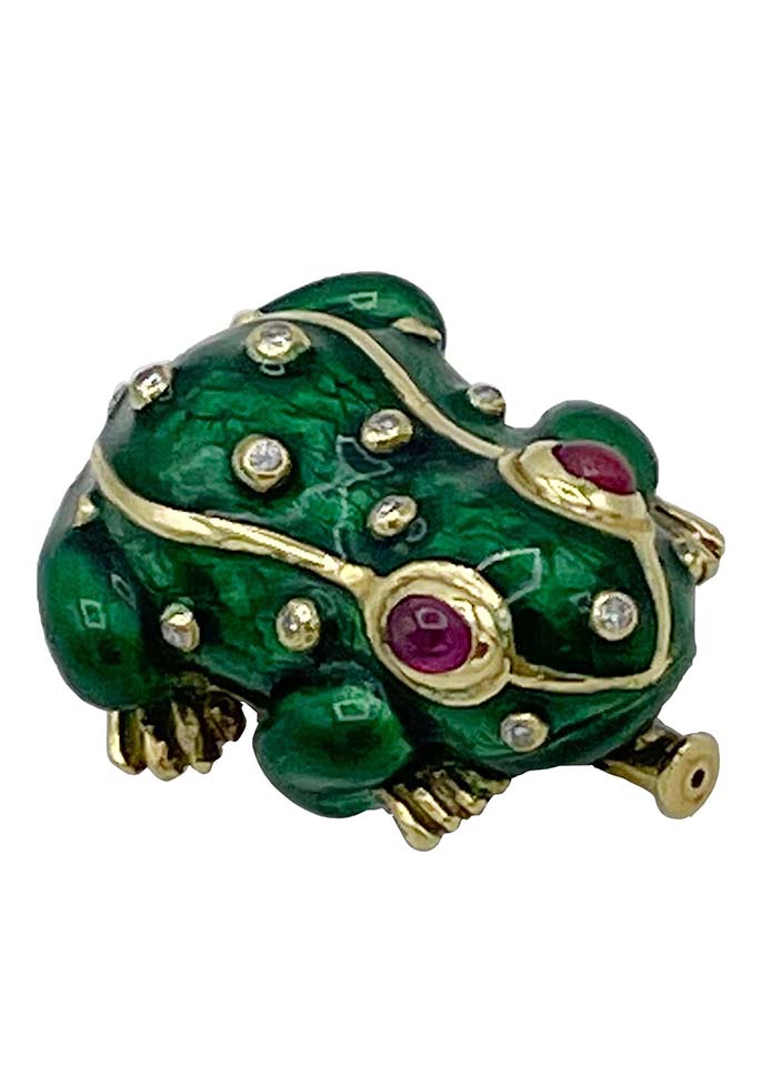 18k Yellow Gold Enamel Frog Pin With Diamonds Image