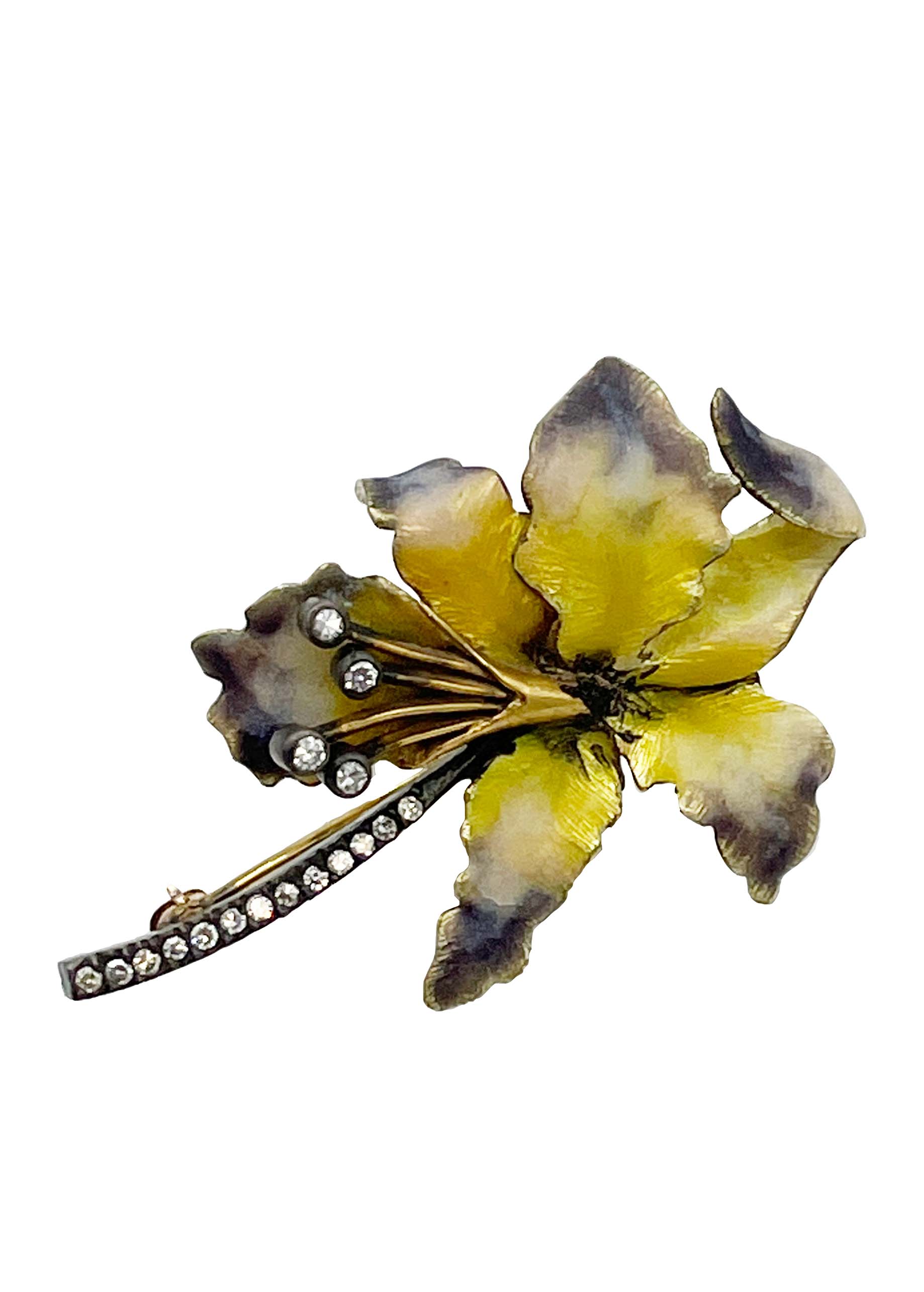 18k Yellow Gold Flower Pin with Diamonds, Yellow and purple enamel Image