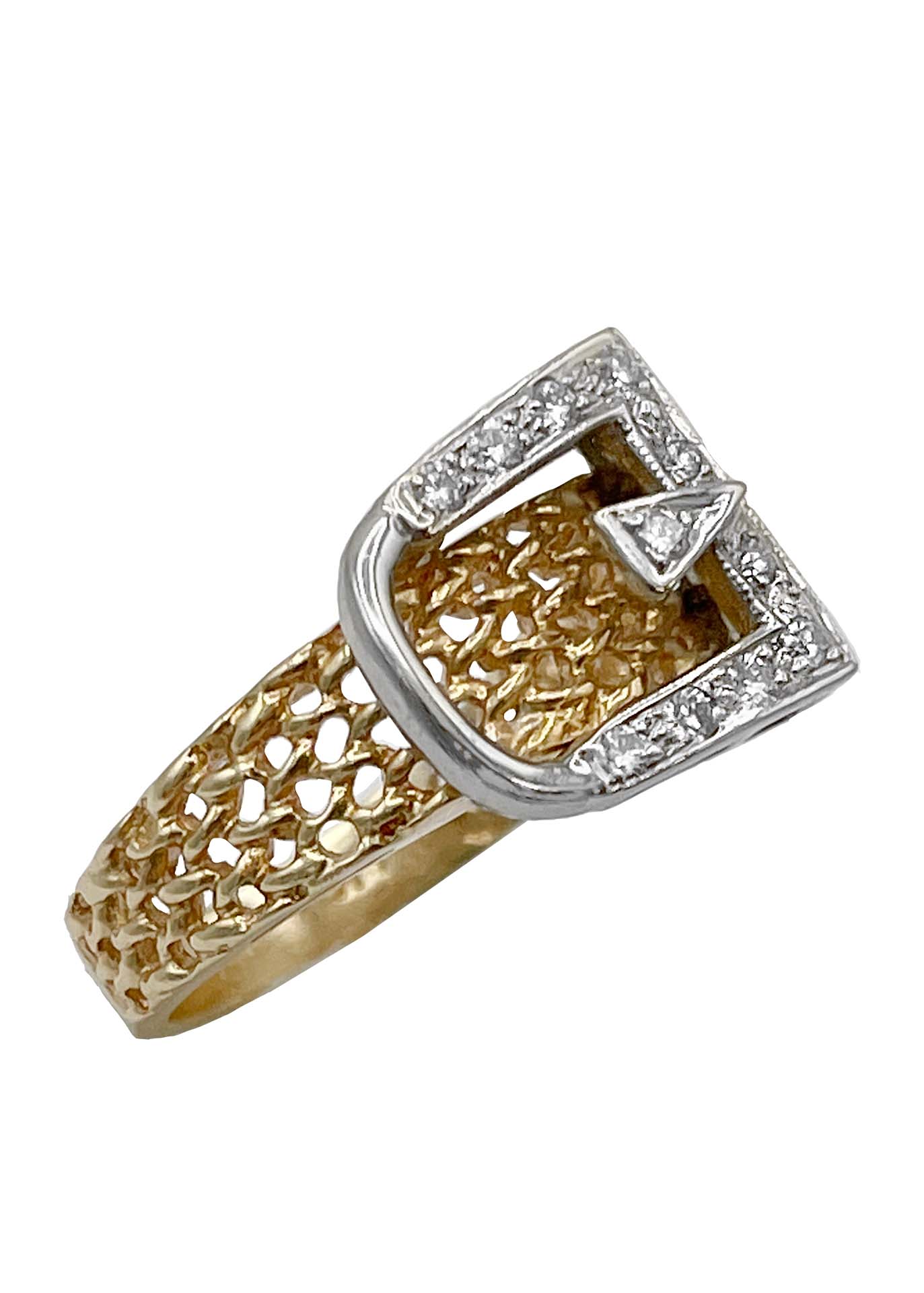 14k Yellow and White Mesh Buckle Ring with Diamonds Image