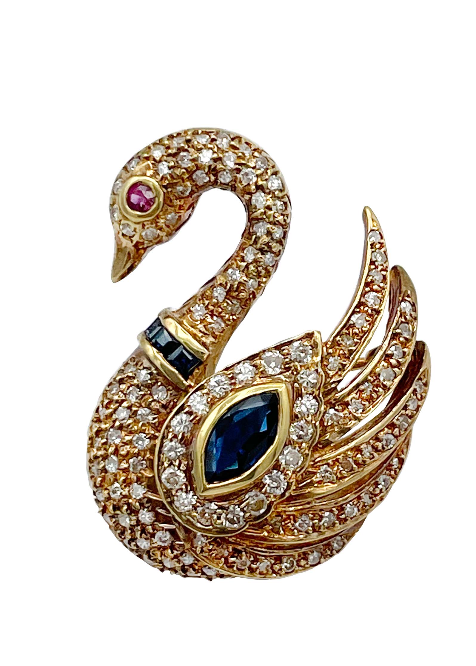 18k Solid Yellow Gold Swan Pin with Diamonds, Ruby and Sapphire Image