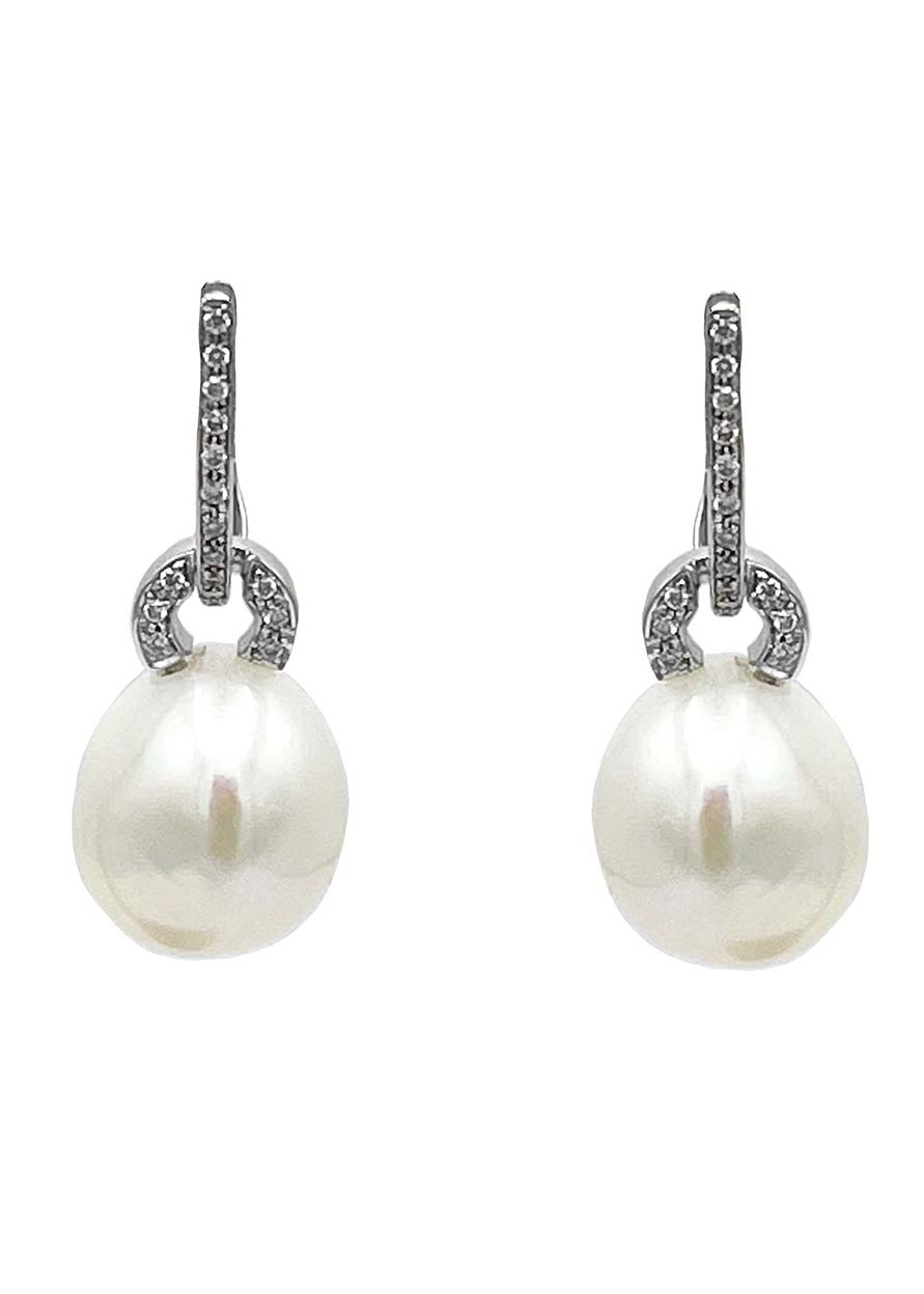 18k White Gold Pearl Earrings with Diamonds Image