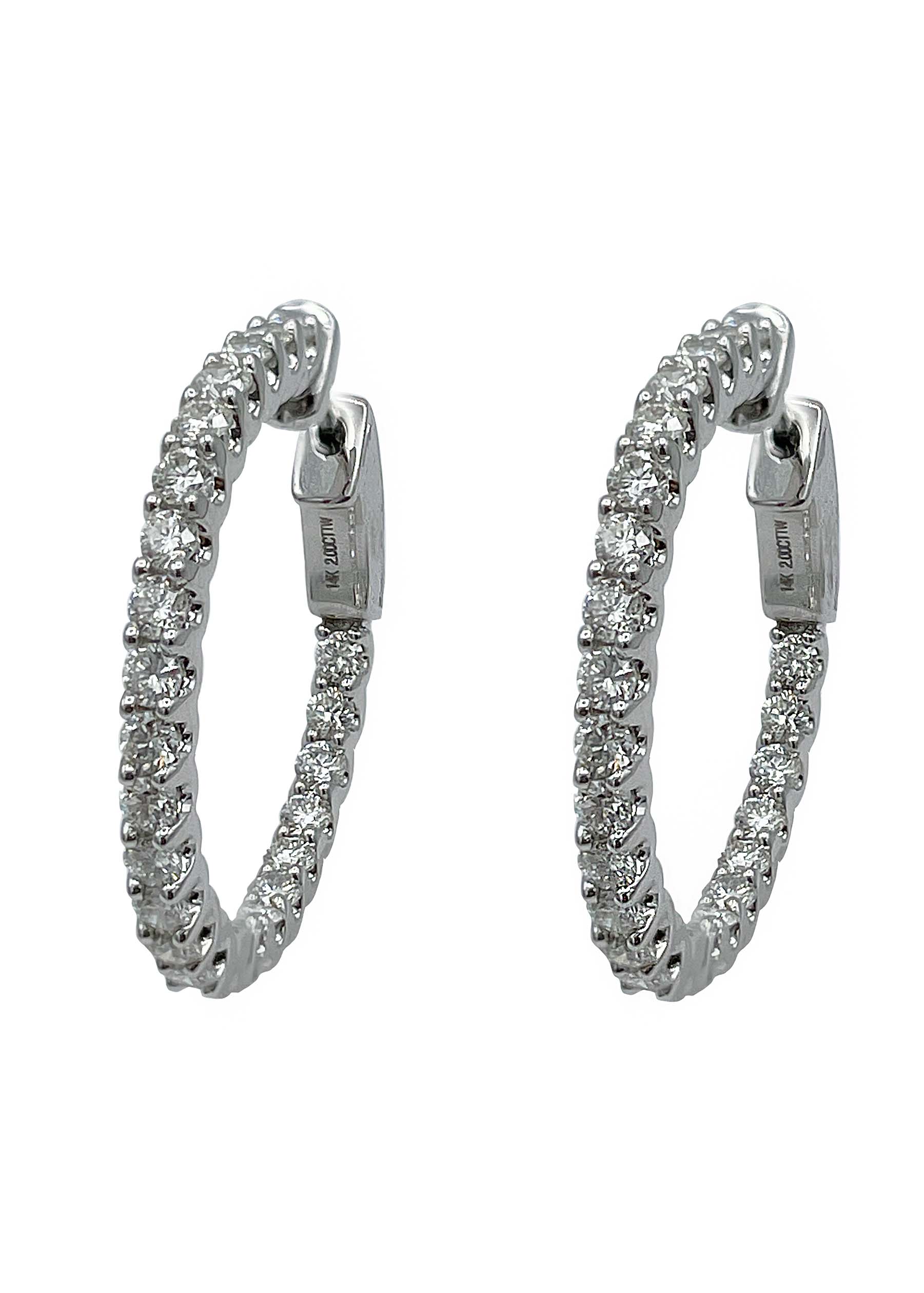 14k White Gold Diamond Hoop Earrings Image