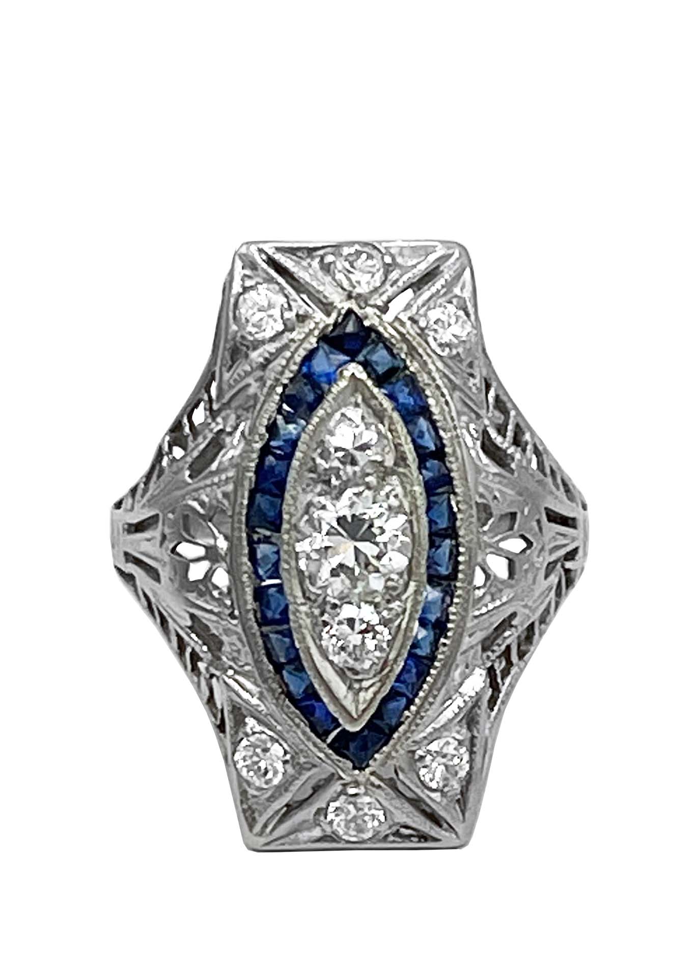 Edwardian Diamond and Sapphire 18k White Gold Antique Ring (Size 4) Image