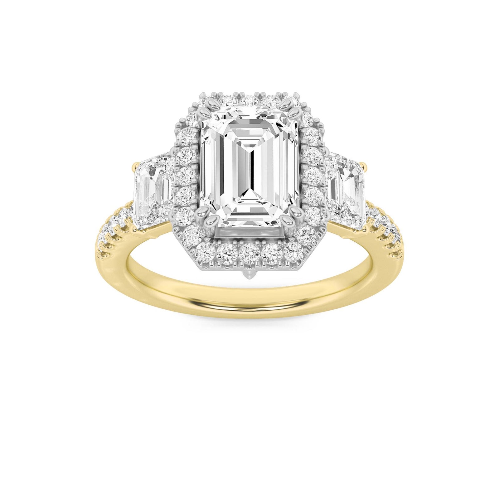 14KWG 3ct Lab Diamond Emerald 3-Stone Engagement Ring